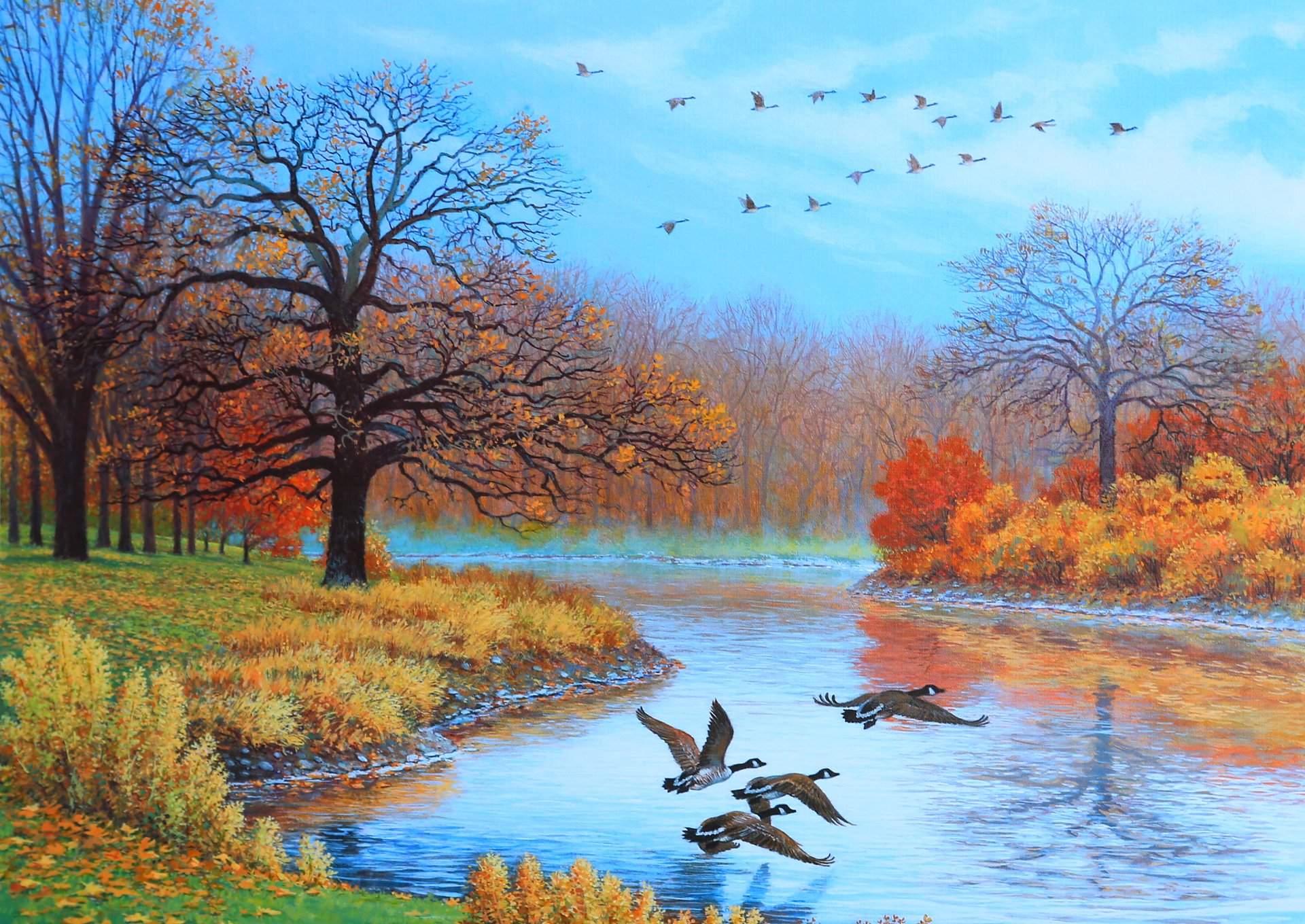 malerei landschaft herbst fluss enten vögel bäume