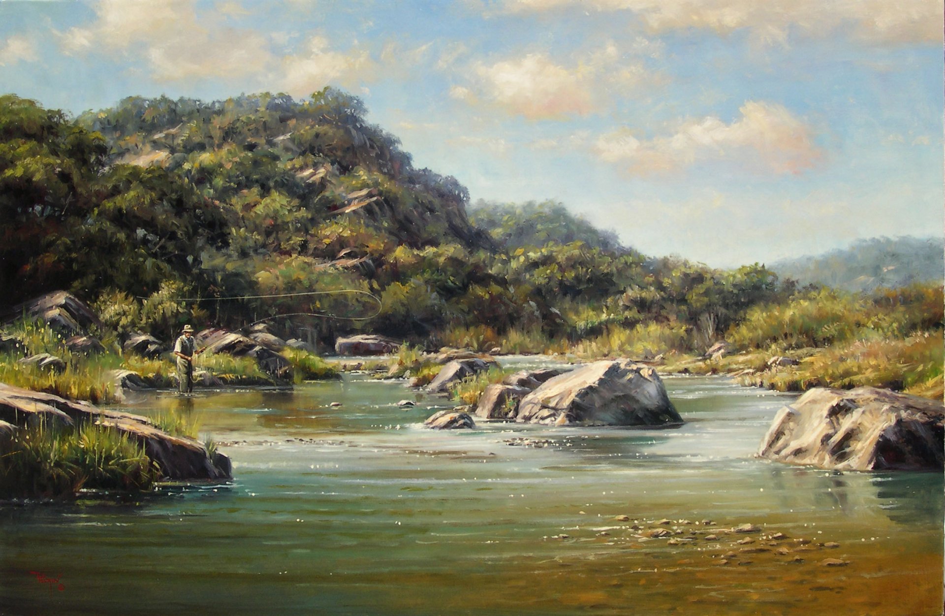 kyle crawlin paisaje pintura lago pescador