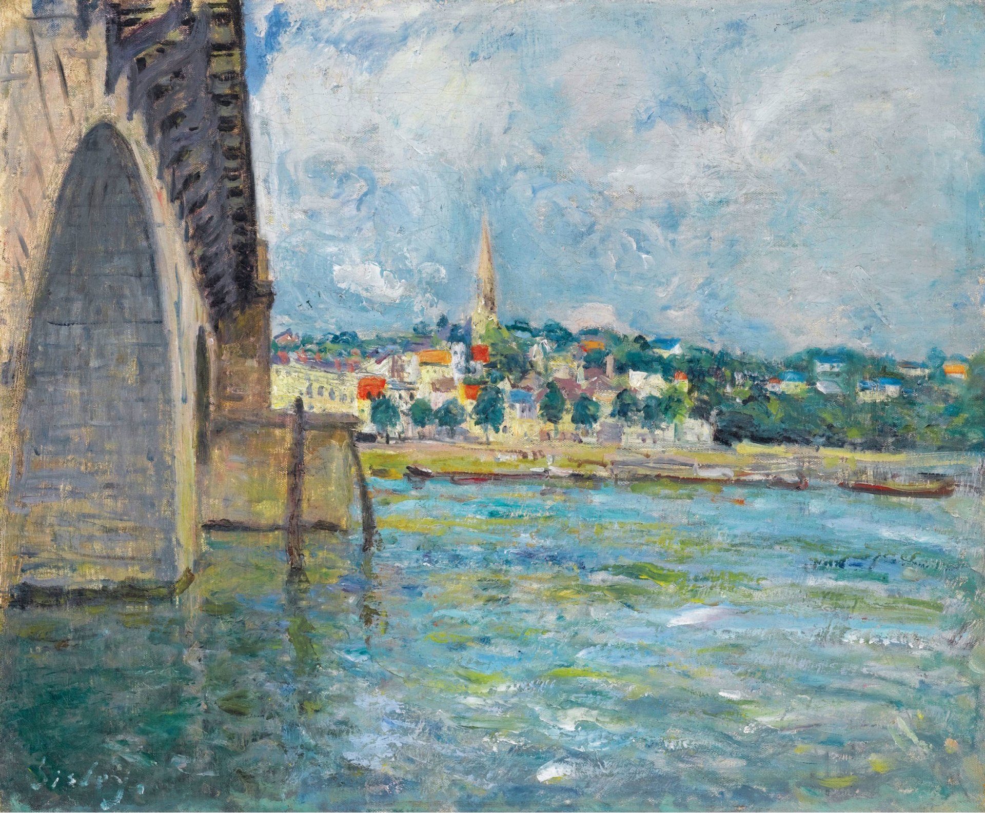 alfred sisley rivière pont ville ciel nuages peinture