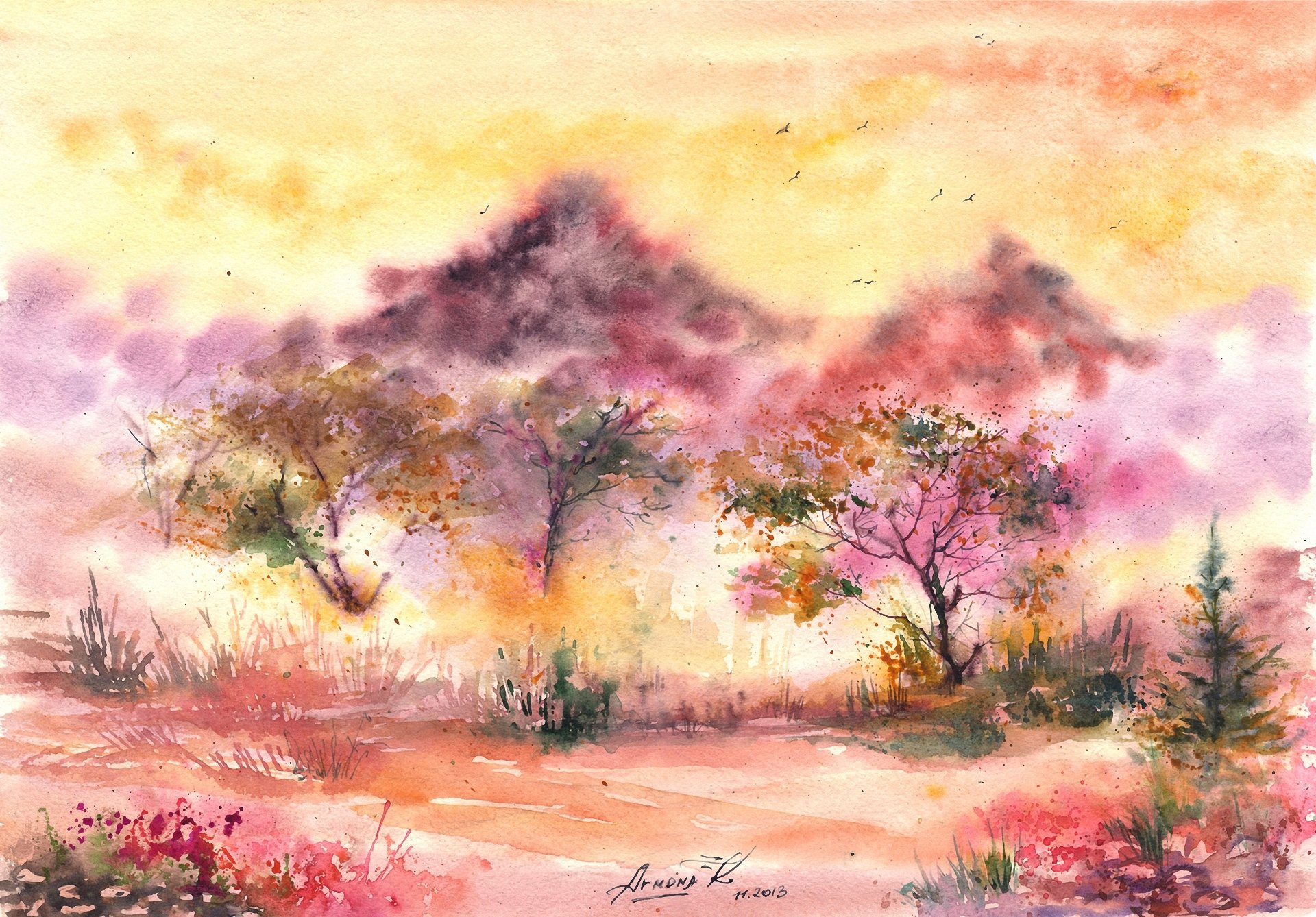 painted landscape watercolor tree birds foliage gra