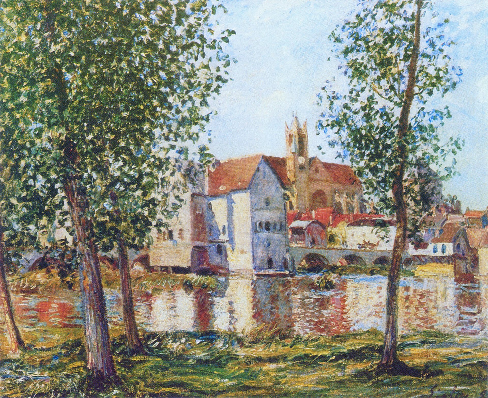 alfred sisley rivière ville maisons pont jour ciel peinture