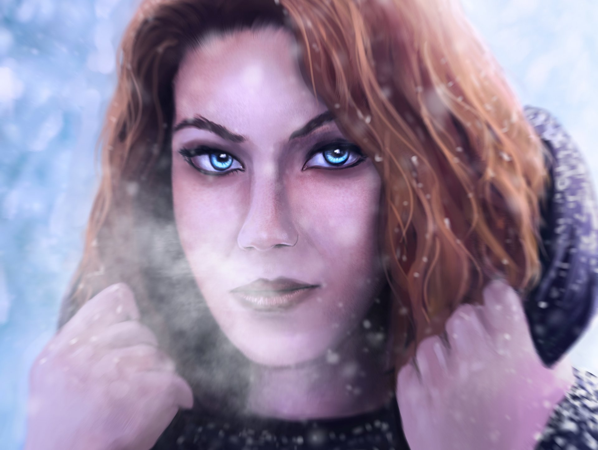 painting art girl face view blue eyes hair red hood hands snow cool winter