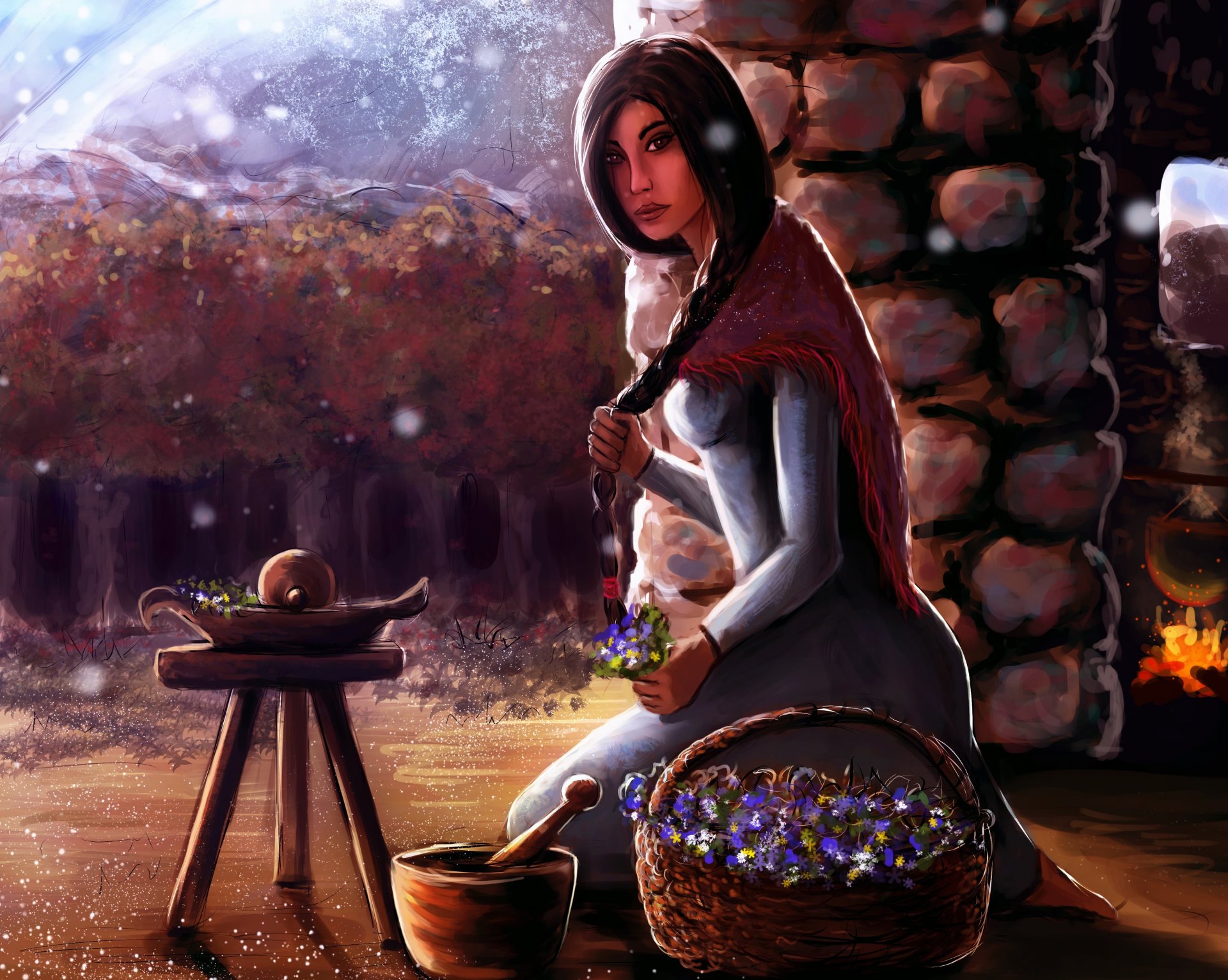 book illustration robert jordan wheel of time nynaeve girl house herbs basket wise two rivers chair mortar fire scythe