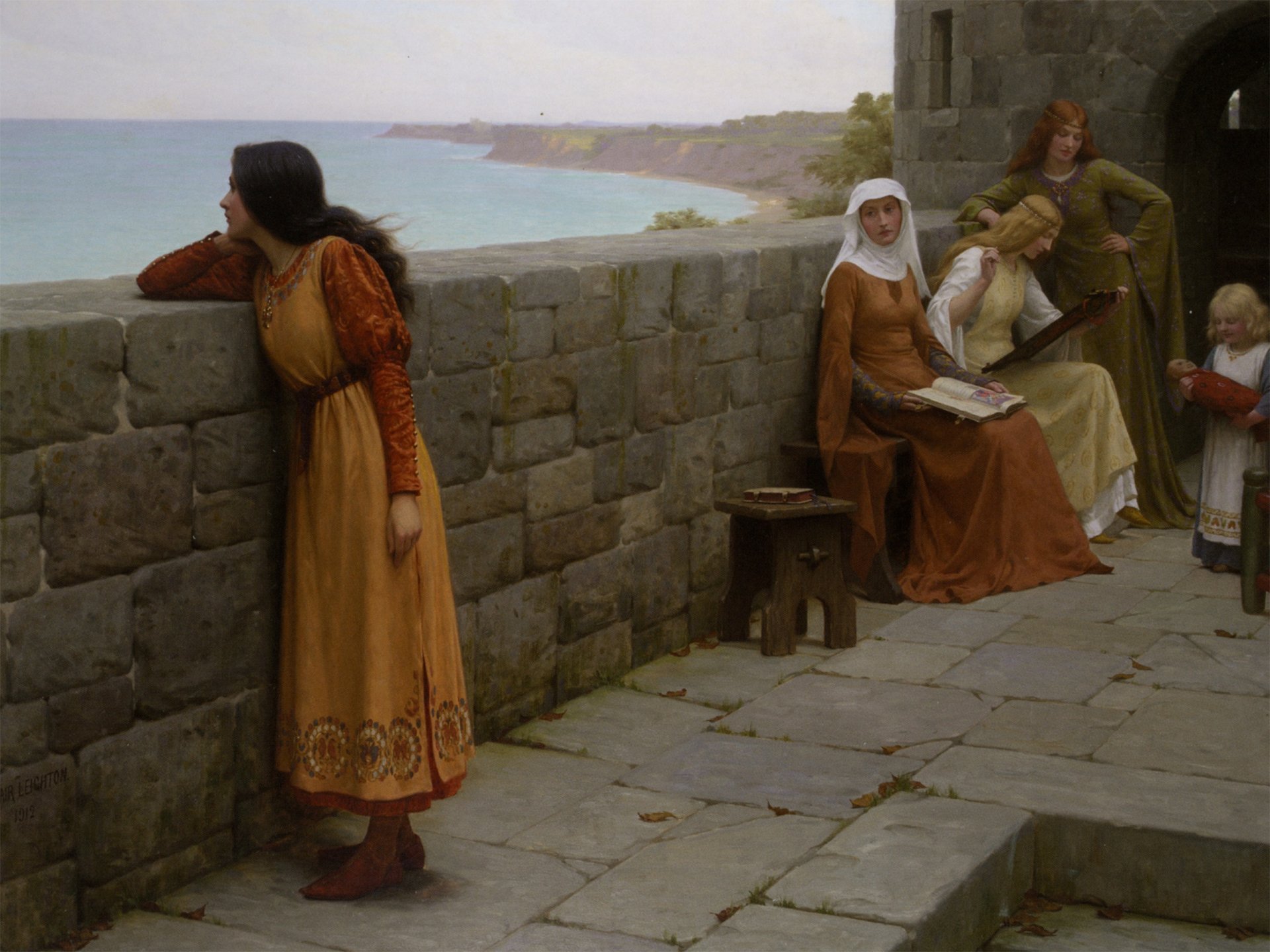 edmund blair leighton artista inglese romanticismo preraffaellita medioevo ostaggio immagine castello fortificazione muro fanciulla di neve musa mare costa preraffaellita ostaggio pittura crepe