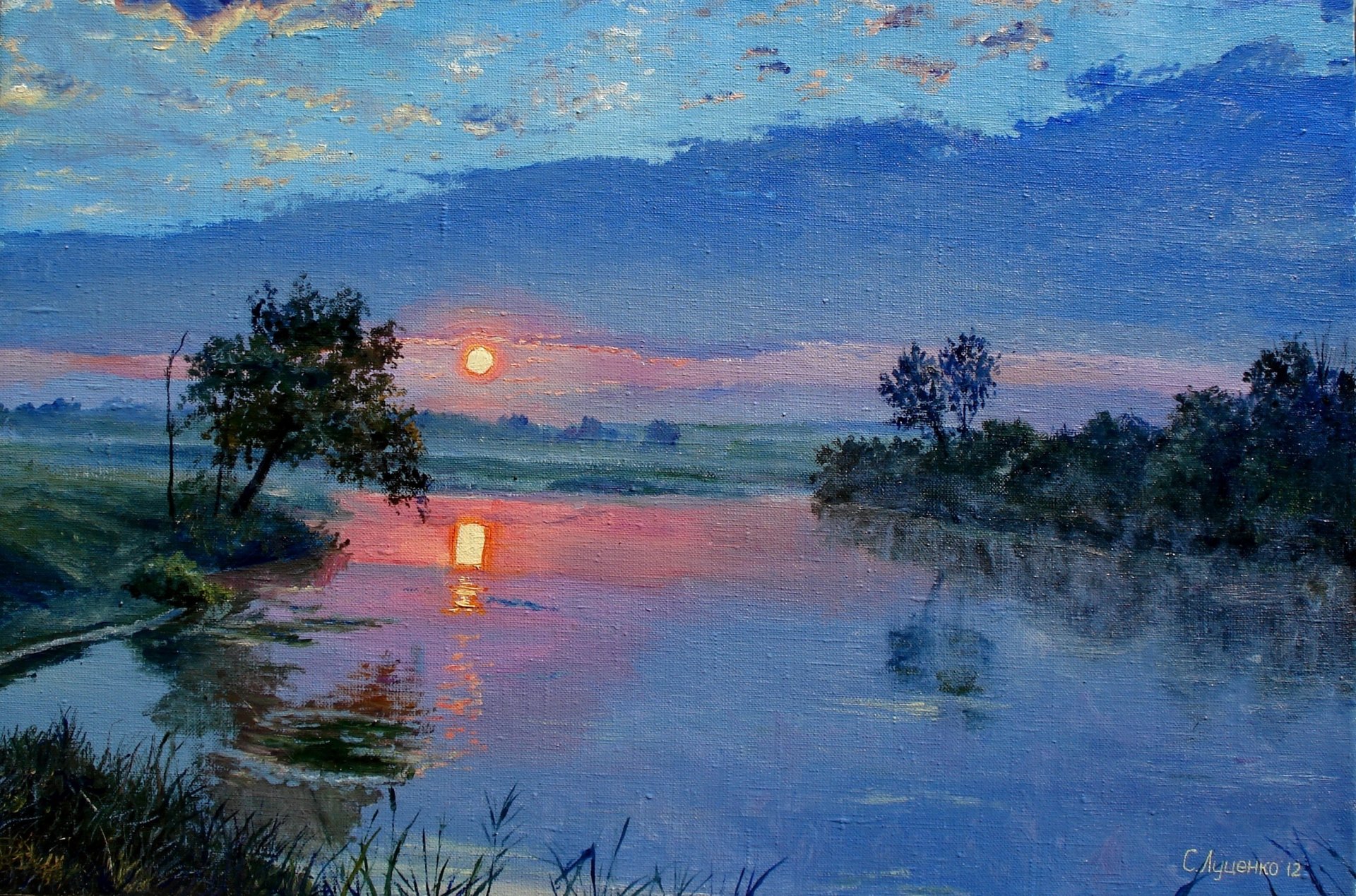 malerei lutsenko ruhigen abend malerei leinwand landschaft natur sonnenuntergang wasser sonne ufer wolken