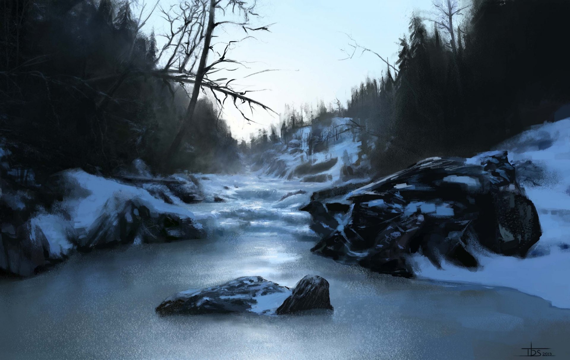 art nature winter stones river snow hills forest