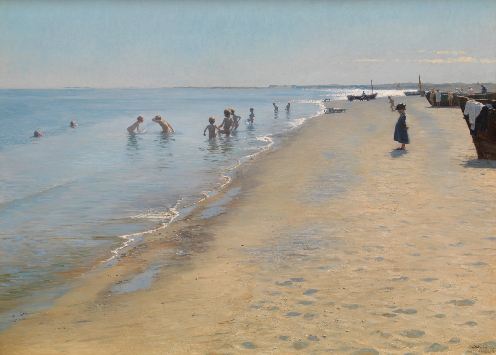 peder severin krøyer malerei genre himmel meer strand sand boot kinder baden