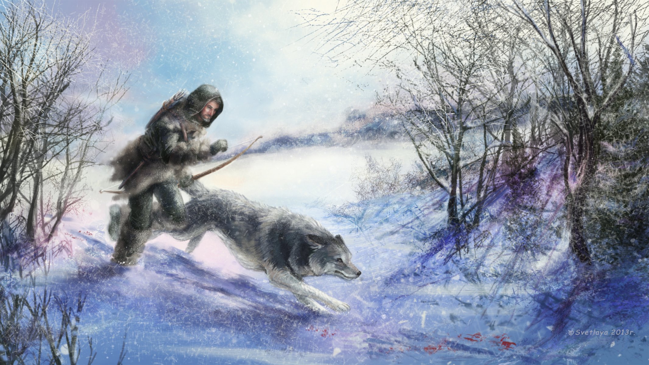 art chasseur animal loup hiver. neige. arbres