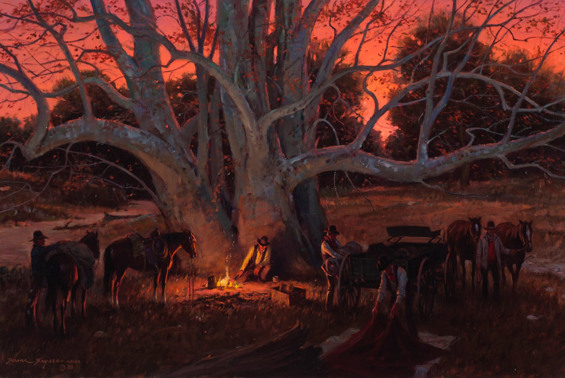 dwayne bryers canyon de platane soirée halte peinture arbre platane chevaux cowboy feu de camp