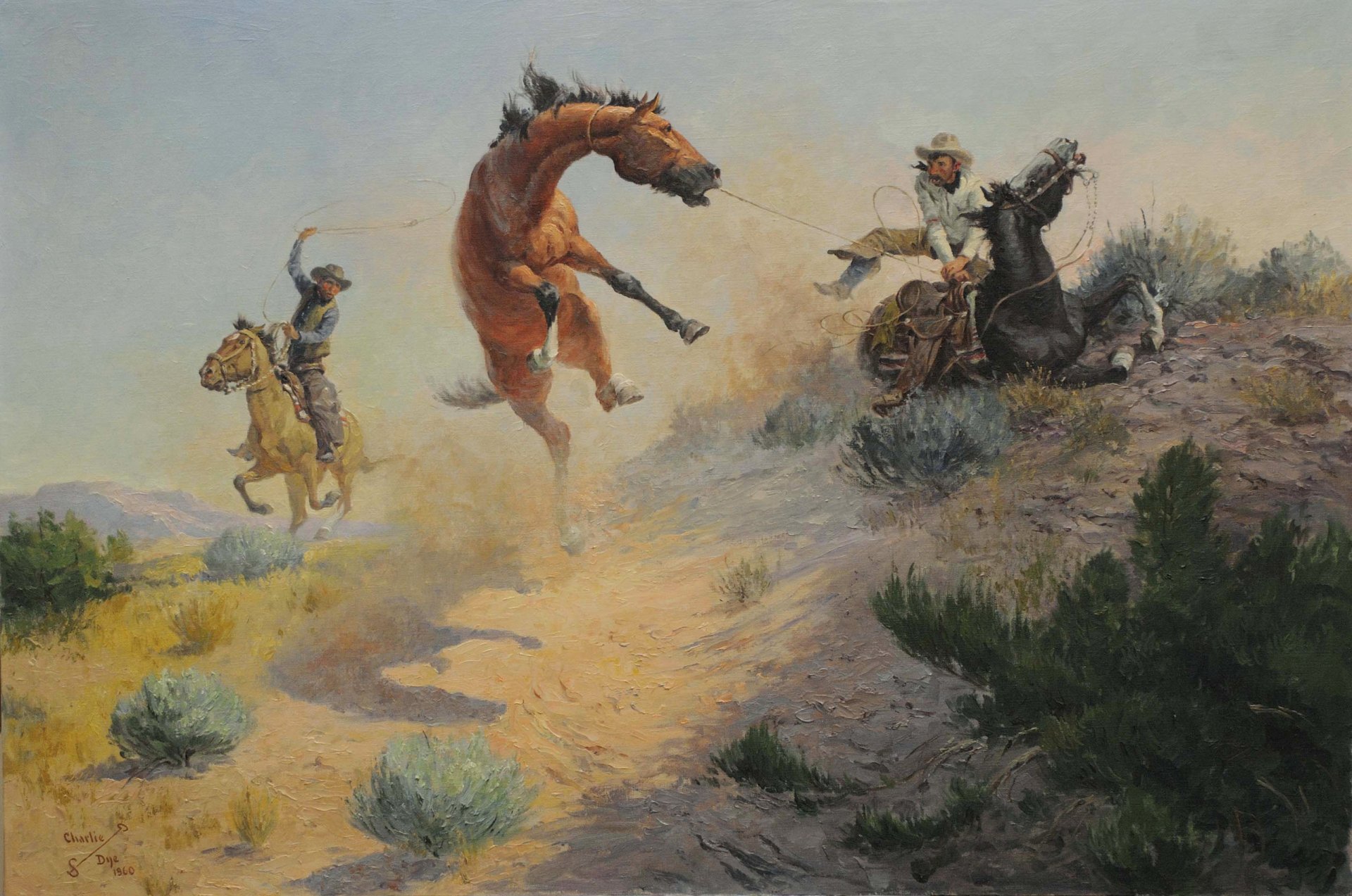 pintura paisaje cielo montañas vaquero doma mustang