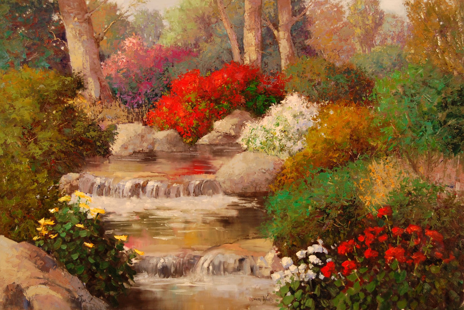 pintura naturaleza árboles flores rosas agua arroyo