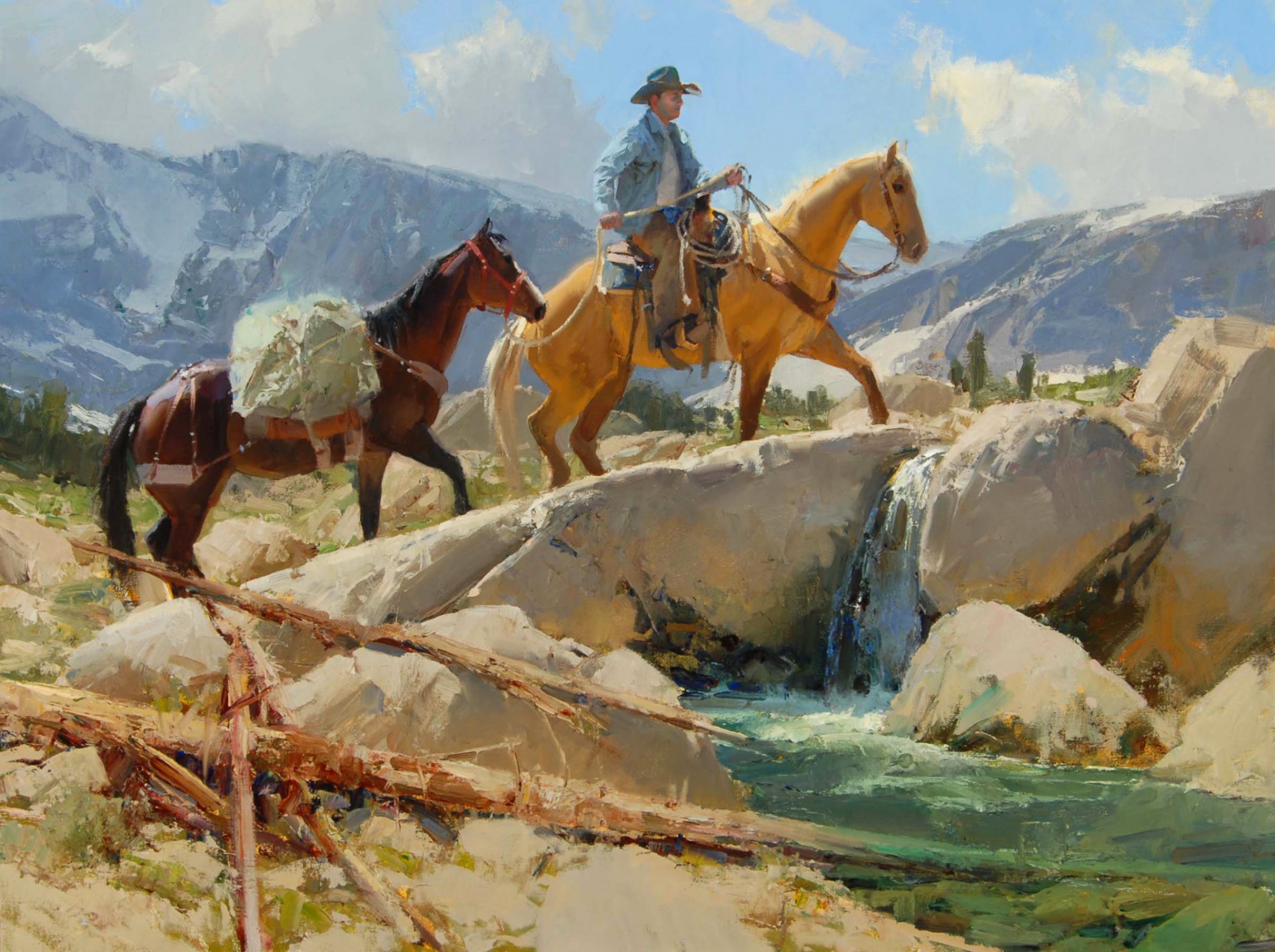 anton bill landscape sky mountain cowboy horse creek river stone