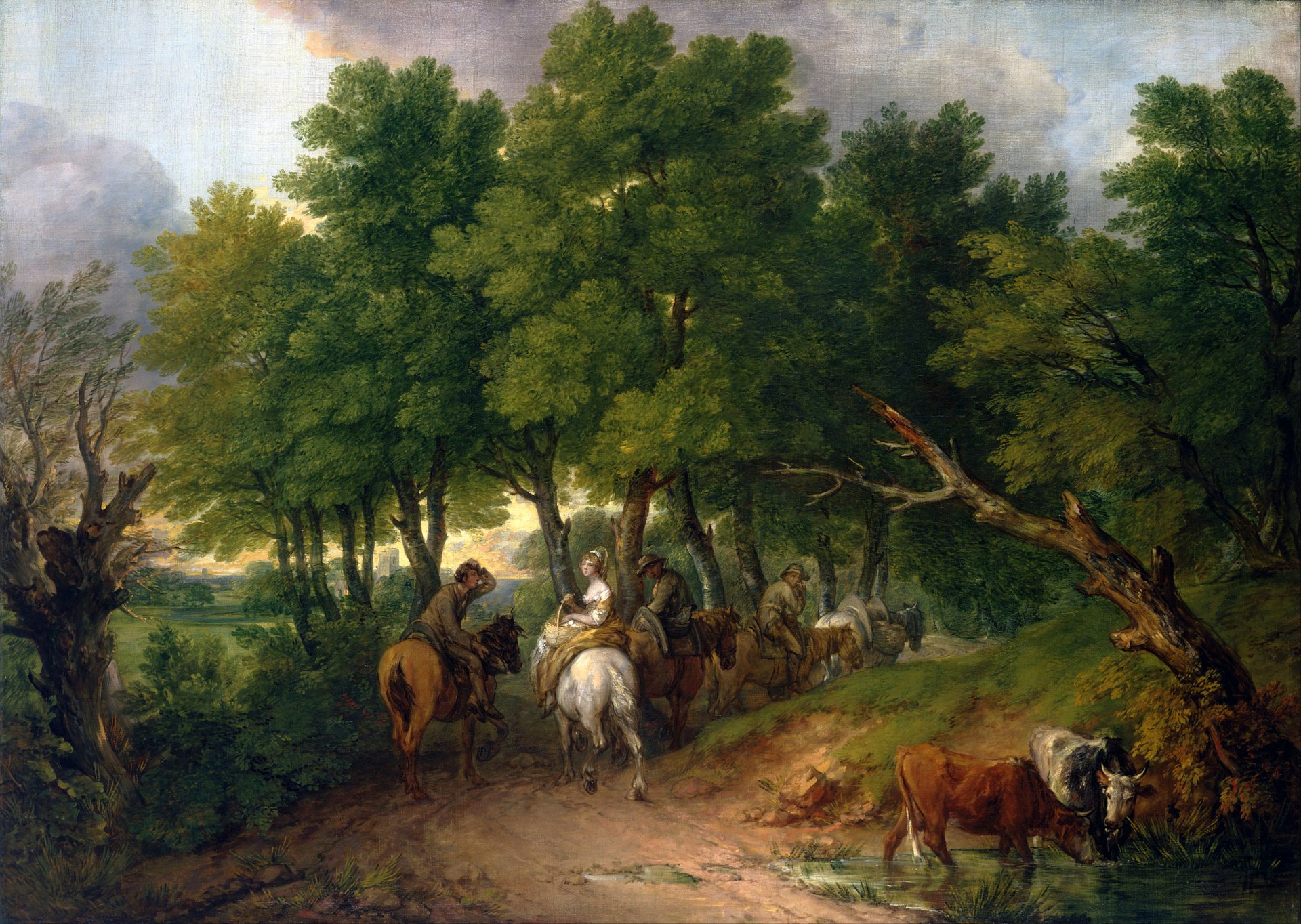 thomas gainsborough road from market pattern landscape road tree people horse cow