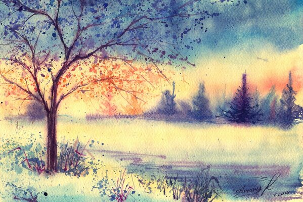 Mit Aquarell gemalte Winterlandschaft