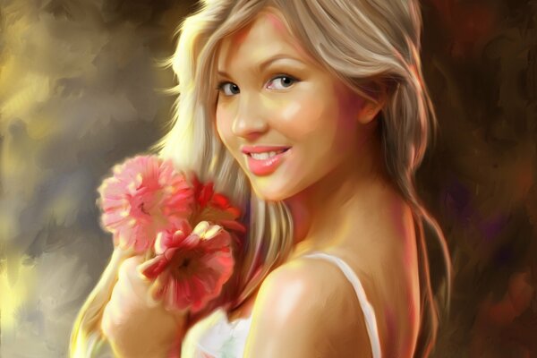 Rubia sonriente con flores rojas en la mano