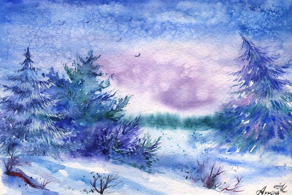 Paysage d hiver peint à l aquarelle sur toile