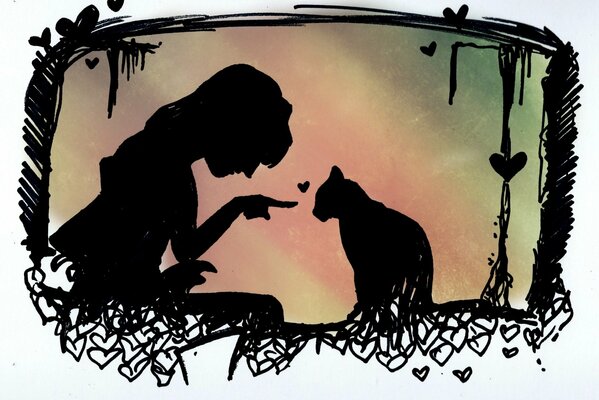 Imagen dibujada de una niña y un gato