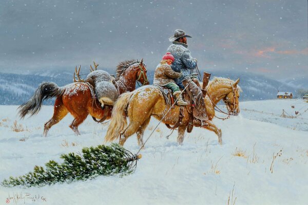 Los caballos llevan a la gente y el árbol de Navidad