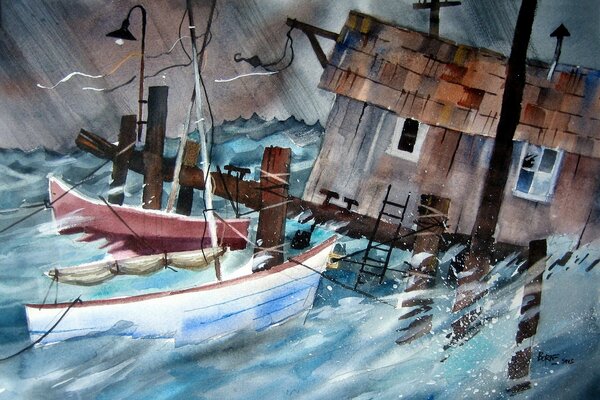 Peinture peinte à l aquarelle tempête et bateaux