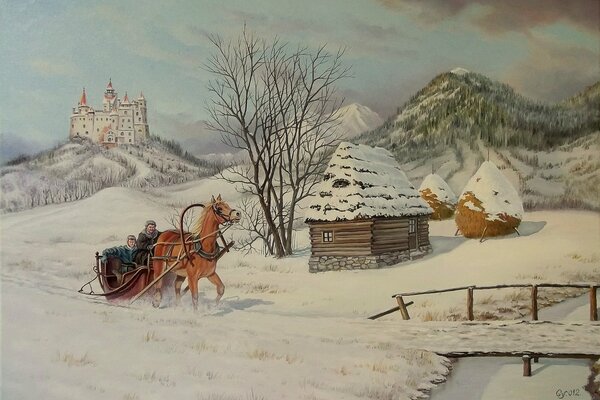 Сани с лошадью в зимнем деревенском пейзаже