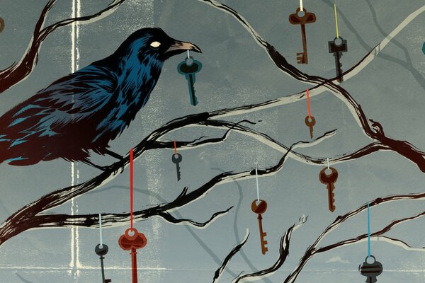 Ворона на дереве с ключами в клюве