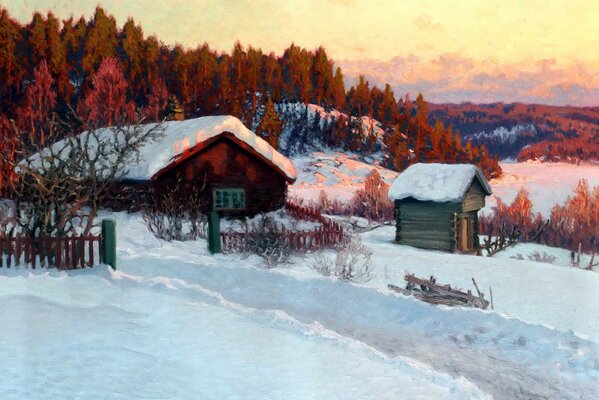 Winter snowdrifts in the village at dawn