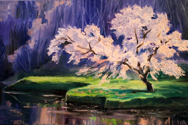 Pittura in acquerello. Sakura in riva al lago