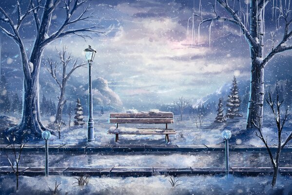 Winter landscape art with a bench under a lantern