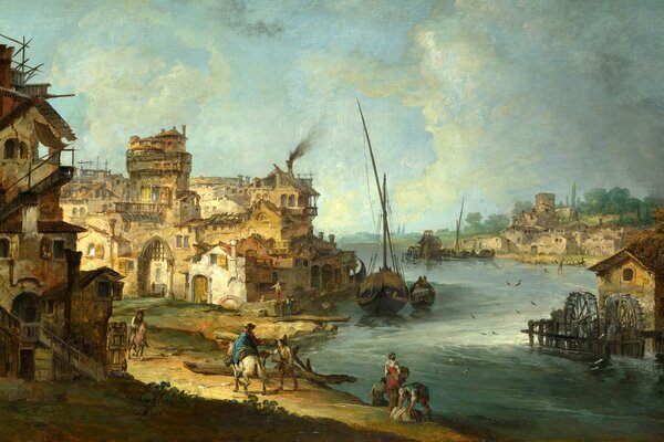 A picture of a canal with people and boats