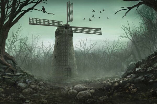 A hyperrealistic Gothic painting depicting a windmill in a gloomy forest with leafless leaves, a raven is sitting on a branch, several more are flying in the background