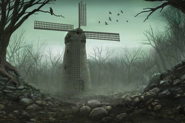 Гиперреалистическая готическая картина, изображающая ветряную мельницу в мрачном лесу с облетевшей листвой, на ветке сидит ворон, на заднем плане летят ещё несколько