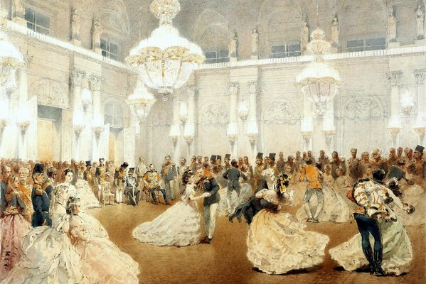 Ein gemaltes Ballbild. Tanzende Paare mitten im Ballsaal