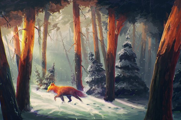 Картина зимего леса с рыжей лисой