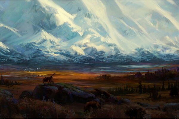 Paesaggio dipinto di montagne innevate