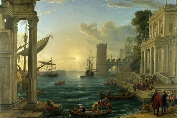 A painting by Claude Lorrain. Landing of the Queen of Sheba