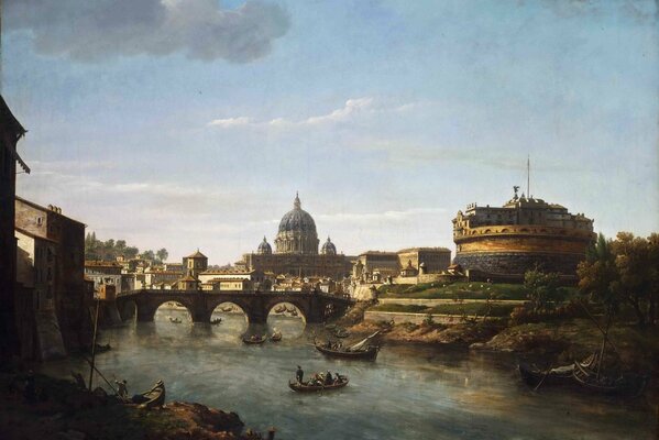 Imagen de una parte de la ciudad con un puente sobre el río en el que la gente navega en barcos