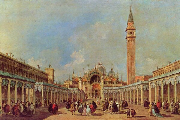 Ein Gemälde von Francesco Guardi. Menschen gehen auf dem Platz spazieren