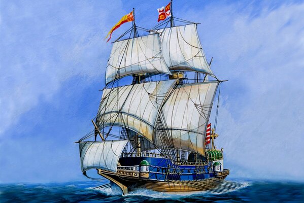 Spanish sailing ship golden galleon in the sea on oars