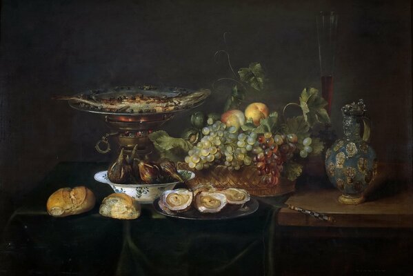 Still life of mussels and fruits. Painted in oil