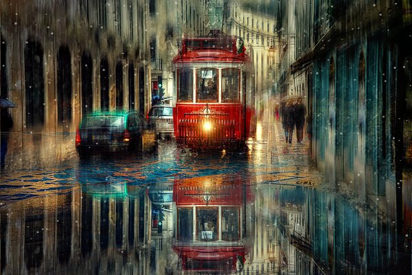 Illustration of a rainy city evening