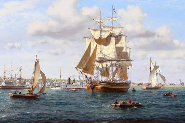 Image of a ship and boats that follow to the city