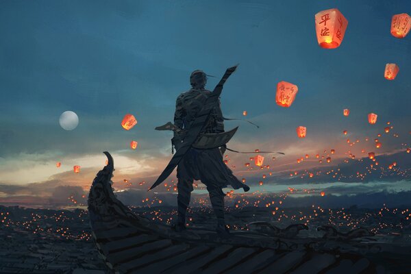 A man on a background of sky lanterns drawing