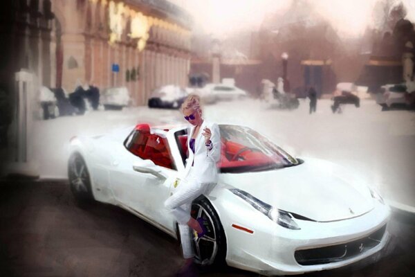 Mädchen in weiß bei einem weißen Ferrari
