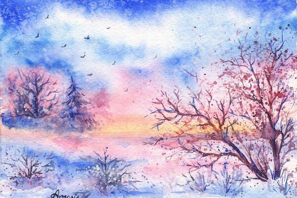 Painted landscape watercolor winter