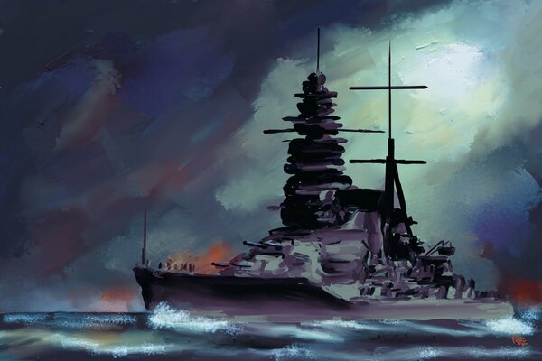 Картина японского флота на море под темным небом