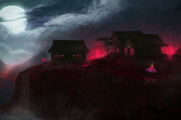 Houses on the background of lava sky and full moon