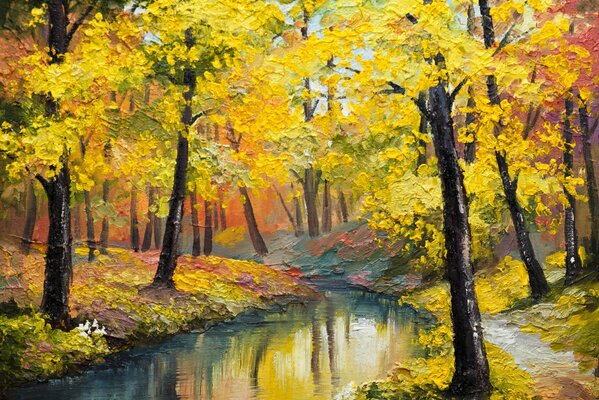 Río en el bosque de otoño pintura al óleo