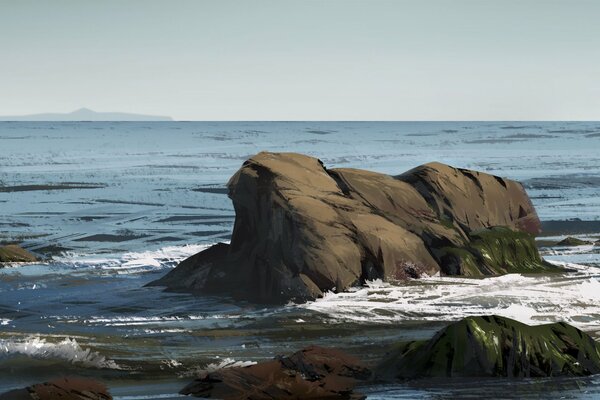 Nature landscape on the sea with a stone