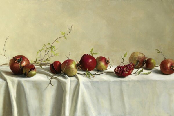 Still life fruit on a white tablecloth