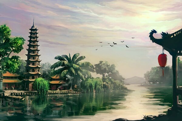 Temple by the river , landscape in Vietnam